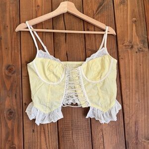 Yellow Lace-Up Corset Crop Top with White Lace Trim Women’s Size XS
